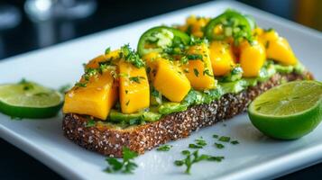 A vibrant toast featuring ripe mango chunks and creamy avocado spread on wholesome whole grain bread, garnished with fresh cilantro and lime slices for a refreshing twist. photo