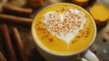 A warm cup of turmeric latte features a heart design made from creamy froth, sprinkled with spices. The setting evokes a cozy autumn atmosphere, surrounded by cinnamon sticks and rustic elements. photo