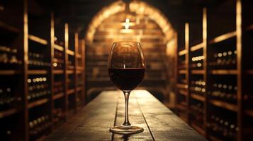 A glass of red wine sits on a dark wooden table in a rustic cellar. Surrounding it are neatly arranged wooden shelves filled with wine bottles, creating a warm and inviting atmosphere. photo