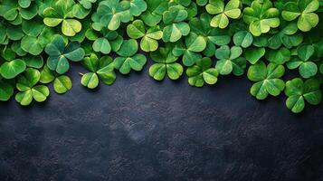 Bright green clover leaves frame textured dark surface for natural decor photo