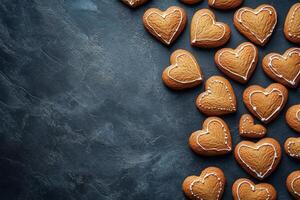 Baked heart shaped gingerbread cookies arranged on a dark surface for a festive occasion photo