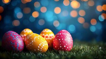Colorful Easter eggs arranged with blooming flowers for festive celebrations in spring photo