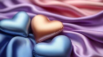 Red satin hearts resting on soft blue fabric create a romantic atmosphere for any occasion photo