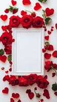 Red roses and heart petals create a romantic frame for a special message or photo display