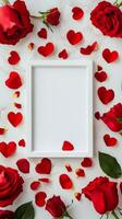 Red roses and heart petals create a romantic frame for a special message or photo display