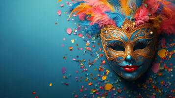 Vibrant decorative mask surrounded by colorful confetti for festive celebration photo