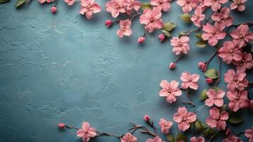 Pink cherry blossoms arranged on a blue textured background for spring decoration photo