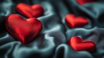 Red satin hearts resting on soft blue fabric create a romantic atmosphere for any occasion photo