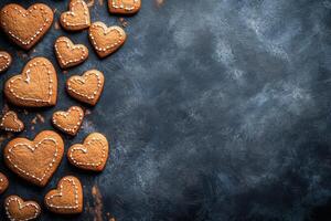 Baked heart shaped gingerbread cookies arranged on a dark surface for a festive occasion photo