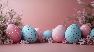 Colorful Easter eggs arranged with blooming flowers for festive celebrations in spring photo