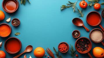 An assortment of spices, herbs, and fresh fruits is artfully arranged on a bright blue surface photo