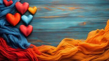 Red satin hearts resting on soft blue fabric create a romantic atmosphere for any occasion photo