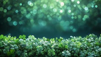 Bright green clover leaves frame textured dark surface for natural decor photo