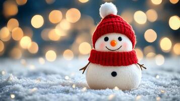 Cheerful snowman wearing red hat and scarf surrounded by glowing lights in winter setting photo