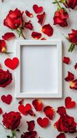 Red roses and heart petals create a romantic frame for a special message or photo display