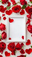 Red roses and heart petals create a romantic frame for a special message or photo display