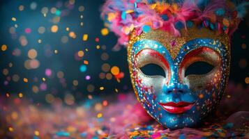 Vibrant decorative mask surrounded by colorful confetti for festive celebration photo