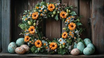 Spring wreath decorated with colorful eggs and vibrant flowers for Easter celebration photo