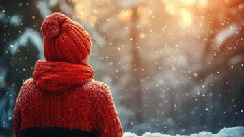 Warmly dressed person enjoys snowfall in serene winter landscape with sunset glow photo