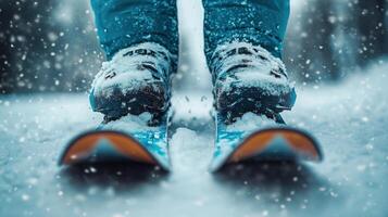 Skiing on a snowy trail with snowflakes falling in a serene winter landscape photo