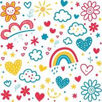 a colorful set of doodles with hearts, sun, rainbows and clouds vector