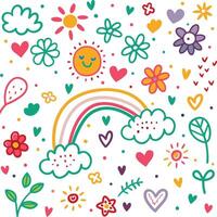 a colorful set of flowers, hearts, and clouds vector