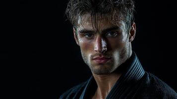 A man in a black gi with wet hair stares intently into the camera. He has a determined look on his face, suggesting he is in the middle of an intense training session or competition. photo