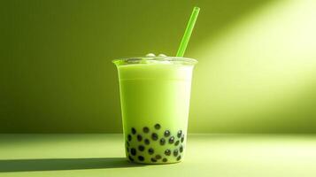A clear cup of green bubble tea filled with dark tapioca pearls sits against a bright green backdrop. The drink features a green straw, capturing a lively and fresh appearance. photo