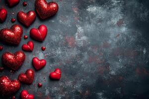 Red heart shaped decorations arranged on a textured grey background for special occasions photo