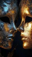 Intriguing black and gold masks display detailed artistry against a dark background photo
