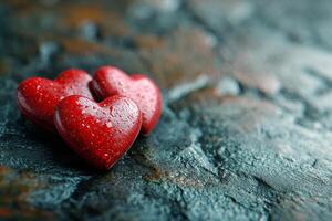 Red heart shaped decorations arranged on a textured grey background for special occasions photo