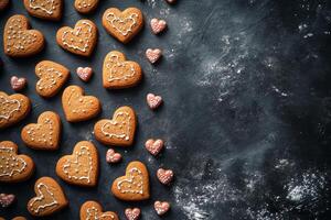 Baked heart shaped gingerbread cookies arranged on a dark surface for a festive occasion photo