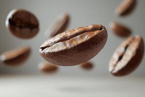 Floating coffee beans captured in mid air showcasing their rich texture and color details photo