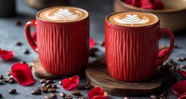 Romantic coffee moment with heart shaped latte art and red rose petals on a wooden board photo