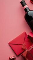 Romantic gift arrangement with red envelopes, wine bottle, and hearts on pink background photo