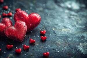 Red heart shaped decorations arranged on a textured grey background for special occasions photo