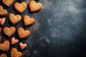 Baked heart shaped gingerbread cookies arranged on a dark surface for a festive occasion photo