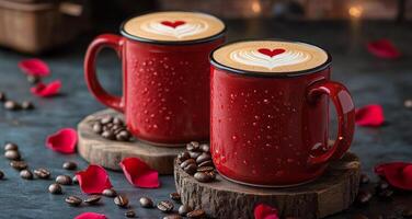Romantic coffee moment with heart shaped latte art and red rose petals on a wooden board photo