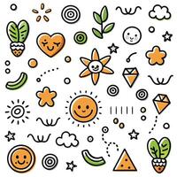 a set of colorful doodles with various objects vector