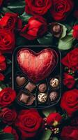 Heart shaped chocolate box surrounded by fresh red roses for special occasions photo