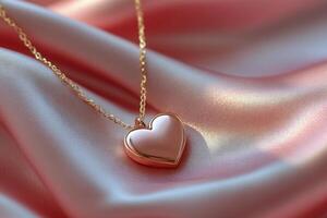 Heart shaped pendant resting on silky pink fabric in soft lighting photo