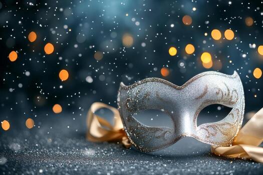 Sparkling drink and golden mask create festive atmosphere for celebration event photo