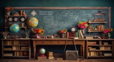 Vibrant classroom with a chalkboard, books, and decorative globes for a creative setup photo
