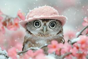 Cute owl wearing a pink hat among blooming cherry blossoms in winter photo