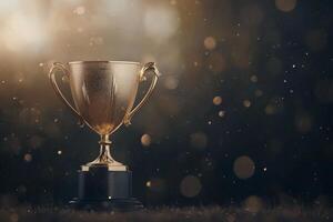 Golden trophy awarded for excellence displayed on a festive background during a celebration photo