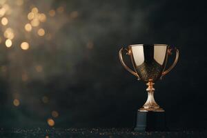 Golden trophy awarded for excellence displayed on a festive background during a celebration photo