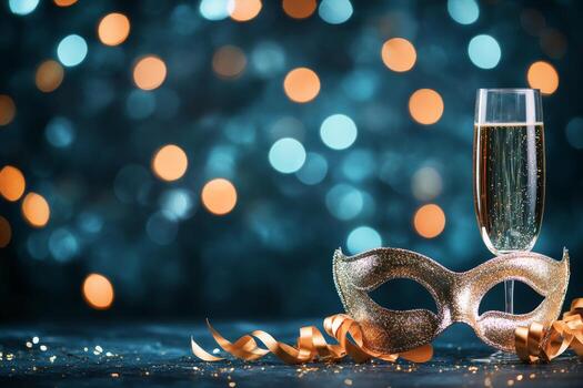Sparkling drink and golden mask create festive atmosphere for celebration event photo