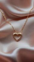 Gold heart necklace resting on soft satin fabric in elegant display photo