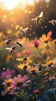 Bees pollinating vibrant flowers in a sunny garden during springtime photo