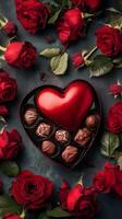Heart shaped chocolate box surrounded by fresh red roses for special occasions photo